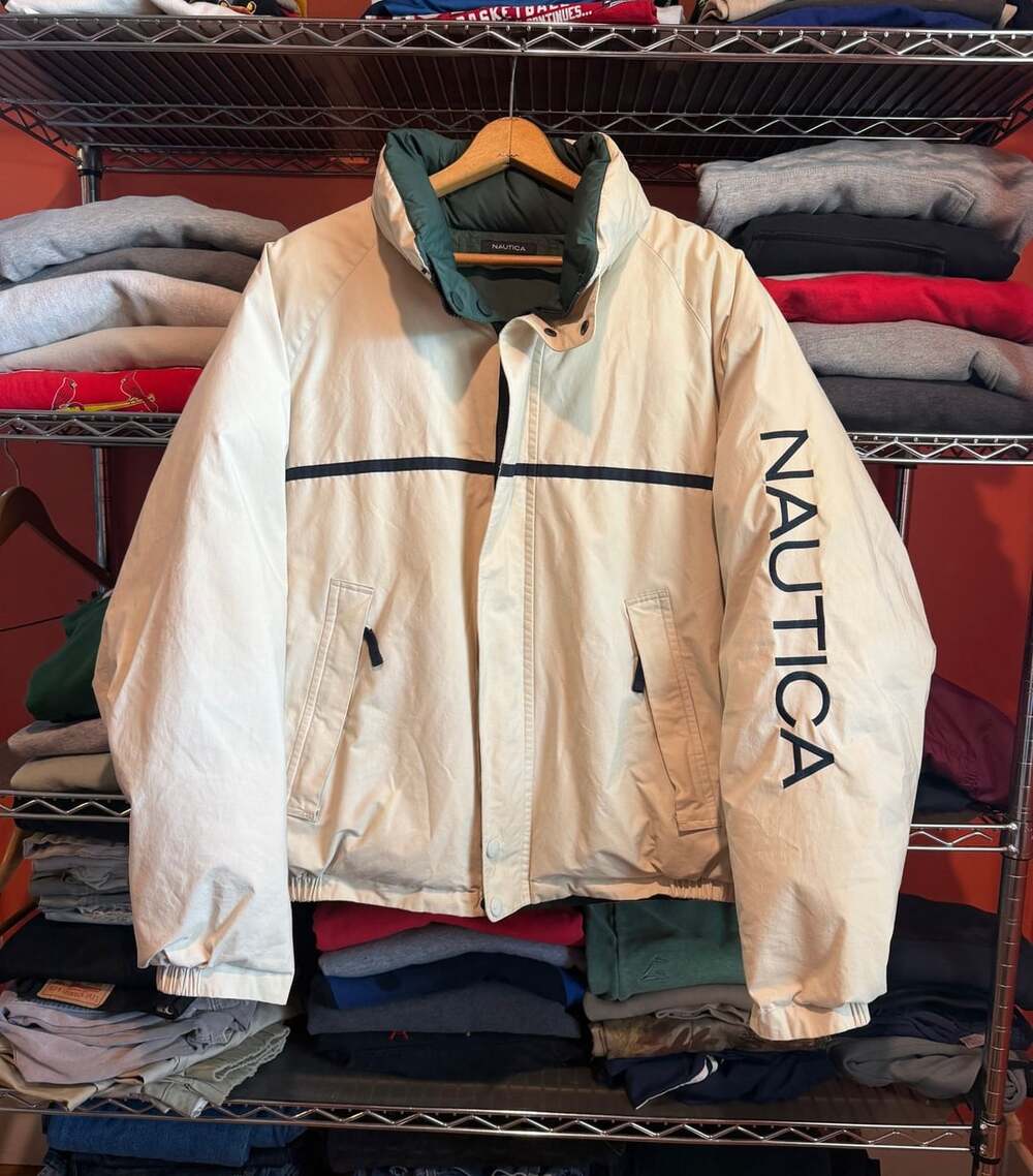 Nautica Reversible Puffer Jacket Mens XL Cream Green Down NS-83 Vintage